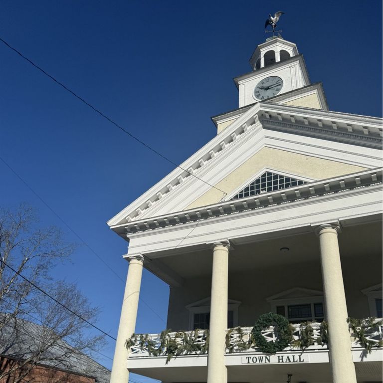 Townshend Town Hall in winter under a blue sky